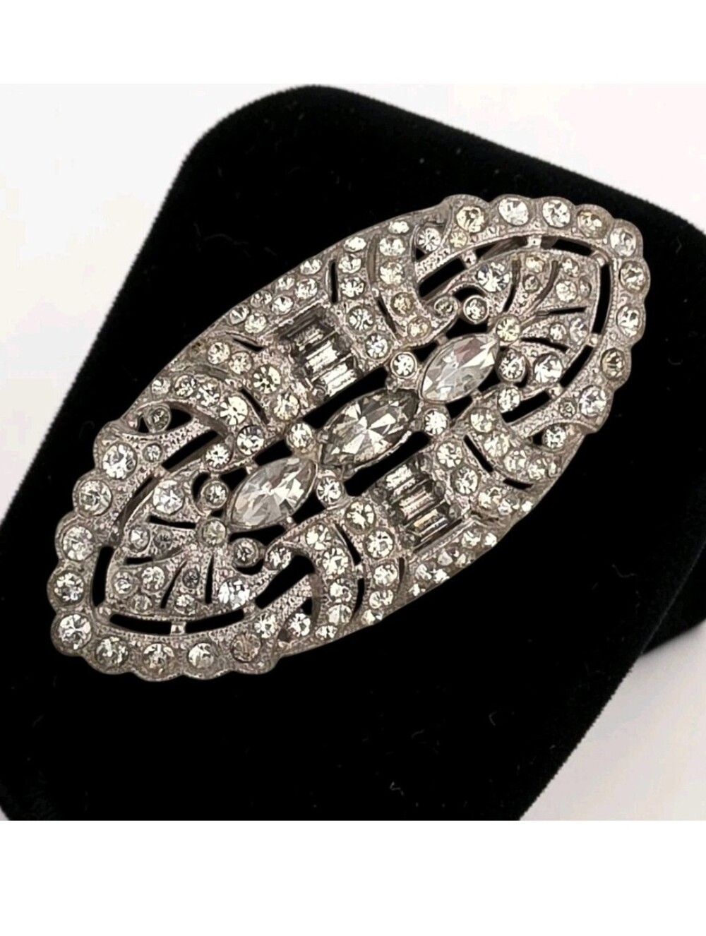 Vintage Clear Rhinestone Art Deco Brooch Silver Tone Geometric Statement